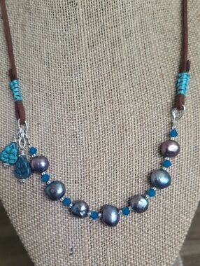 Handmade Iridescent Teal Pearl and Leather Necklace